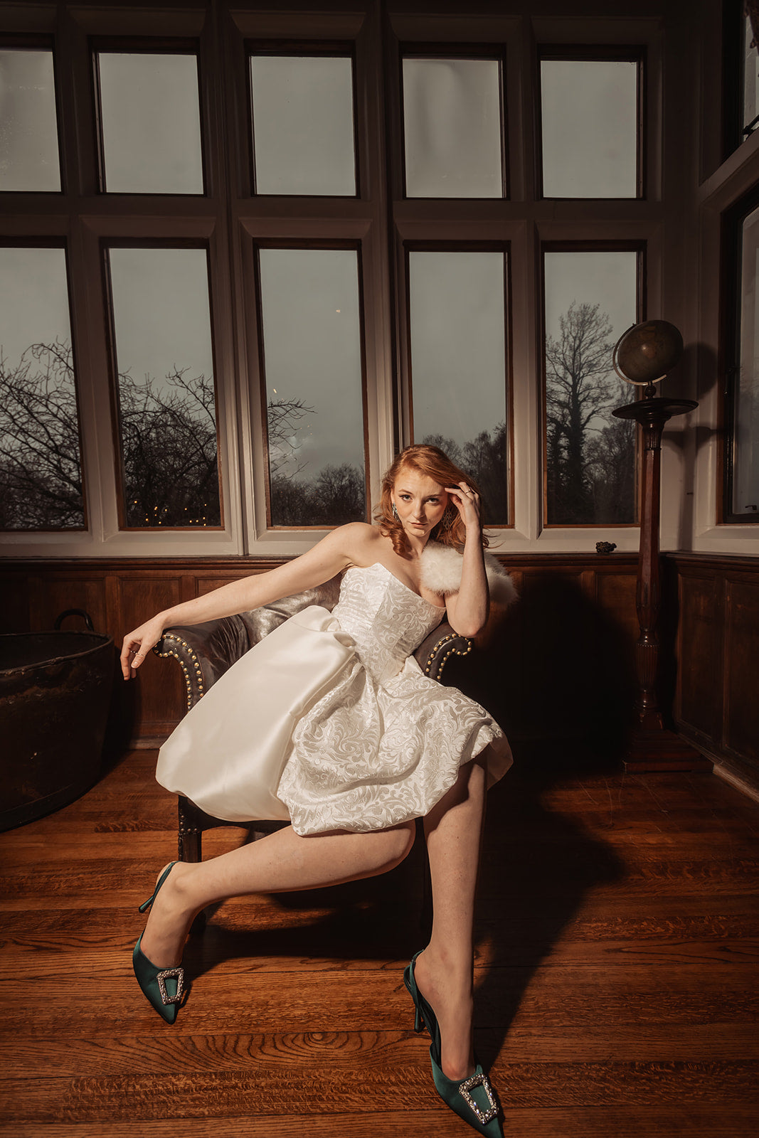 Bridal Mini Dress with Brocade Basque Waistline & Pleated Skirt - Sarah