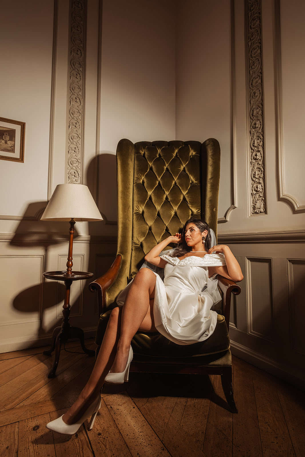 Bridal Mini Dress with Off-the-Shoulder Brocade Wrap - Katie