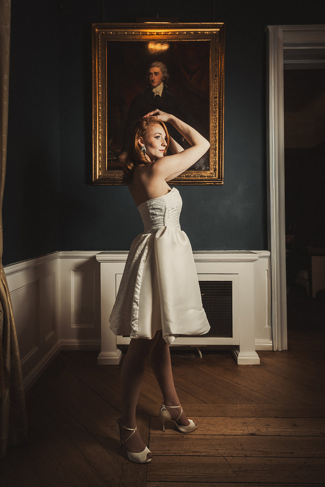 Bridal Mini Dress with Brocade Basque Waistline & Pleated Skirt - Sarah