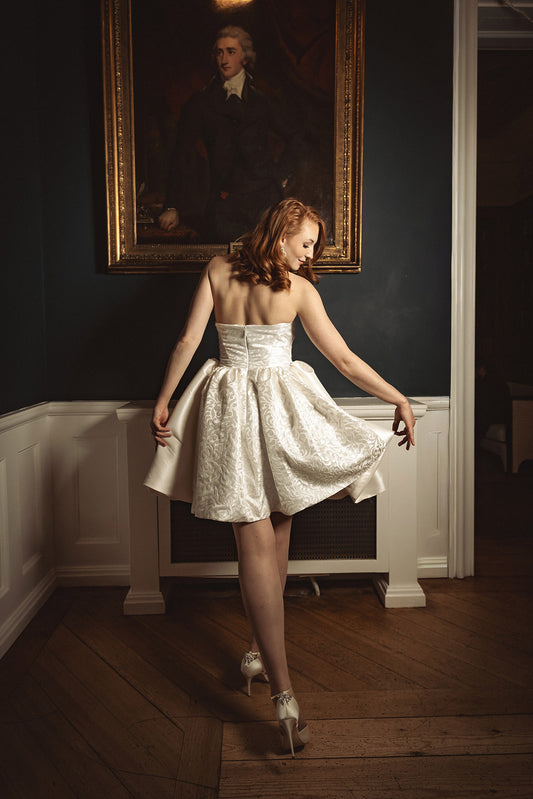 Bridal Mini Dress with Brocade Basque Waistline & Pleated Skirt - Sarah