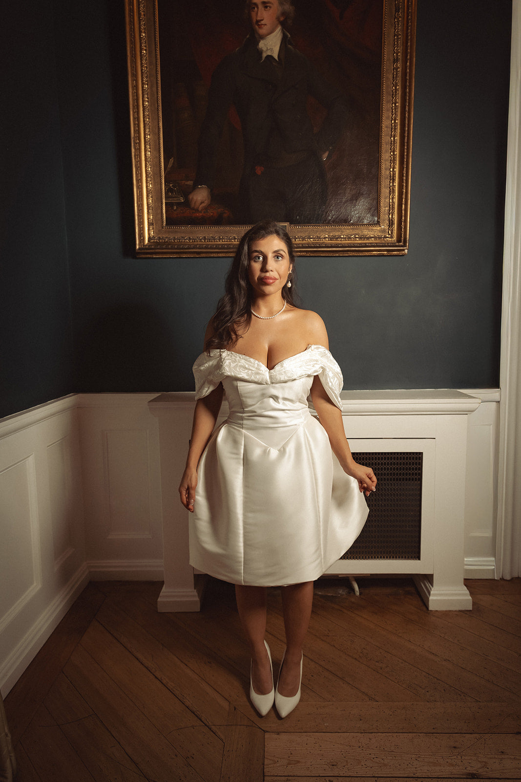 Bridal Mini Dress with Off-the-Shoulder Brocade Wrap - Katie