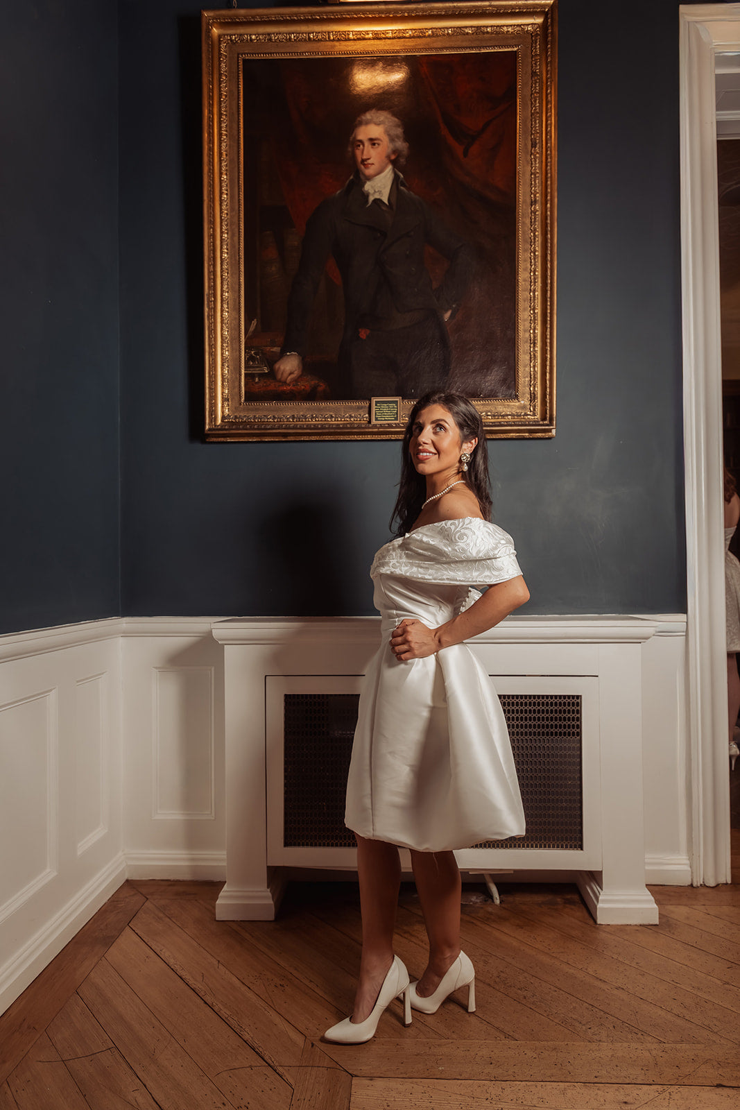 Bridal Mini Dress with Off-the-Shoulder Brocade Wrap - Katie