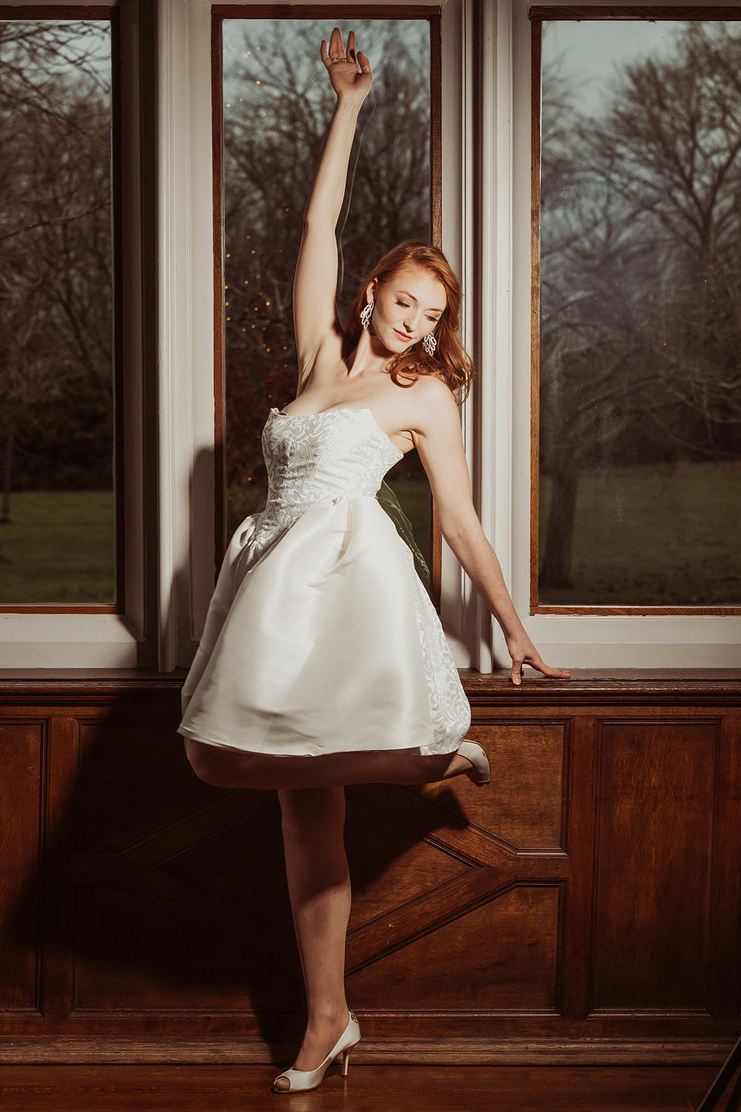 Bridal Mini Dress with Brocade Basque Waistline & Pleated Skirt - Sarah